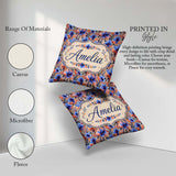 Custom Name Bold Painterly Blue and Coral Flowers Seamless Name Square Filled Cushion Throw Pillow Sofa Bed Home Decor Zip Washable UK Made