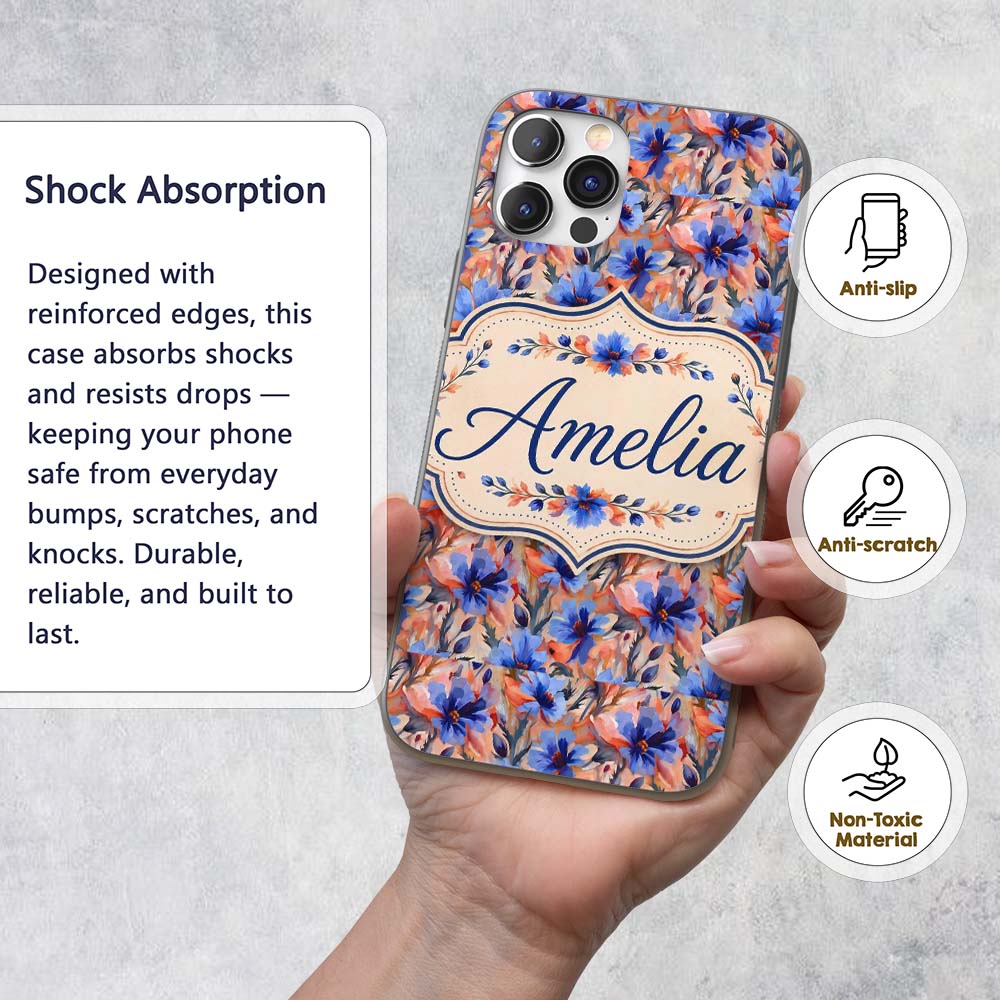 Bold Painterly Blue and Coral Flowers Seamless Custom Name Protective Phone Case Mobile Cover Durable Everyday Smartphone Shock Resistant