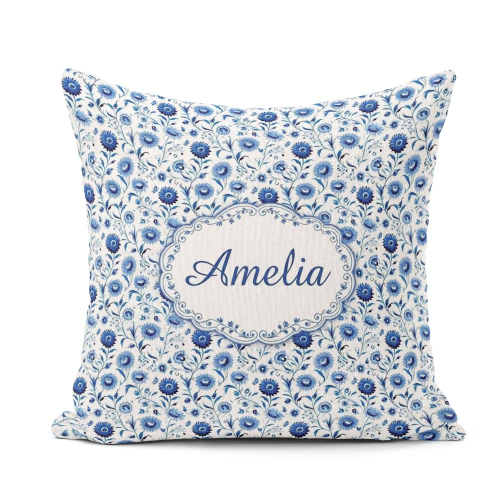Custom Name Classic Blue Folk Art Floral Pattern Seamless Cute Square Filled Cushion Throw Pillow Sofa Bed Home Decor Zip Washable UK Made