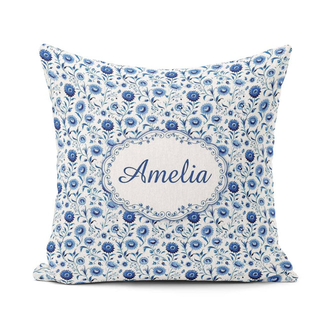 Custom Name Classic Blue Folk Art Floral Pattern Seamless Cute Square Filled Cushion Throw Pillow Sofa Bed Home Decor Zip Washable UK Made