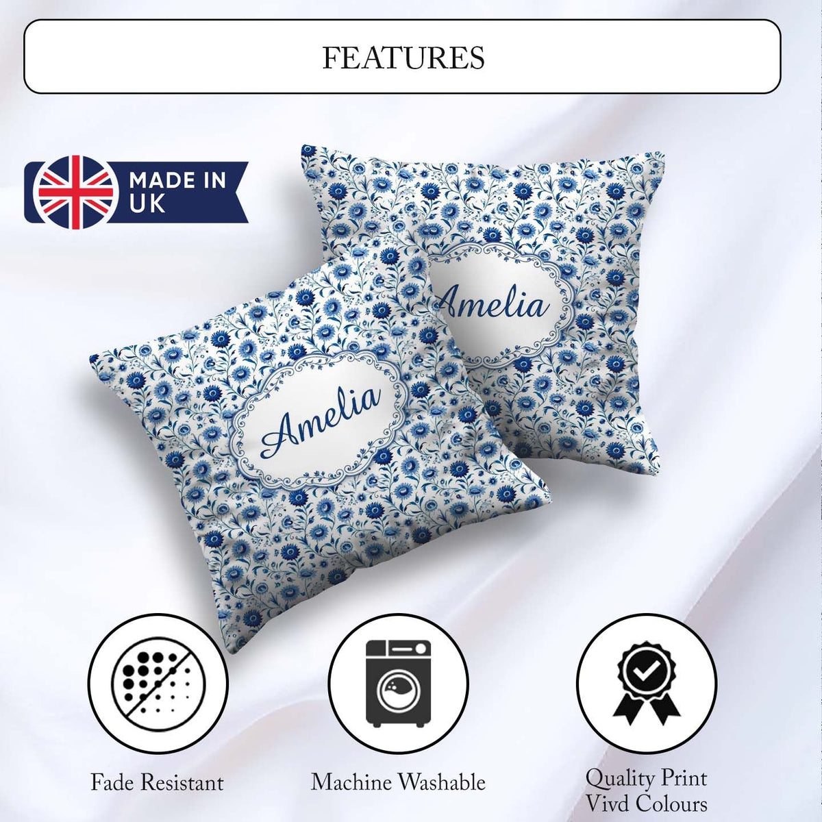 Custom Name Classic Blue Folk Art Floral Pattern Seamless Cute Square Filled Cushion Throw Pillow Sofa Bed Home Decor Zip Washable UK Made