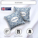 Custom Name Classic Blue Folk Art Floral Pattern Seamless Cute Square Filled Cushion Throw Pillow Sofa Bed Home Decor Zip Washable UK Made
