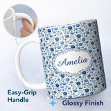 Personalized Custom Name Classic Blue Folk Art Floral Pattern Seamless Custom Name Cute 11oz Ceramic Coffee Tea Mug White Large Handle
