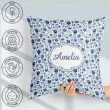 Custom Name Classic Blue Folk Art Floral Pattern Seamless Cute Square Filled Cushion Throw Pillow Sofa Bed Home Decor Zip Washable UK Made