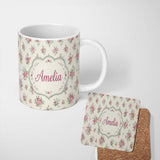 Personalized Custom Name Vintage Pink and Blue Rose Bouquet Floral Seamless Pattern Name Cute 11oz Ceramic Coffee Tea Mug White Large Handle