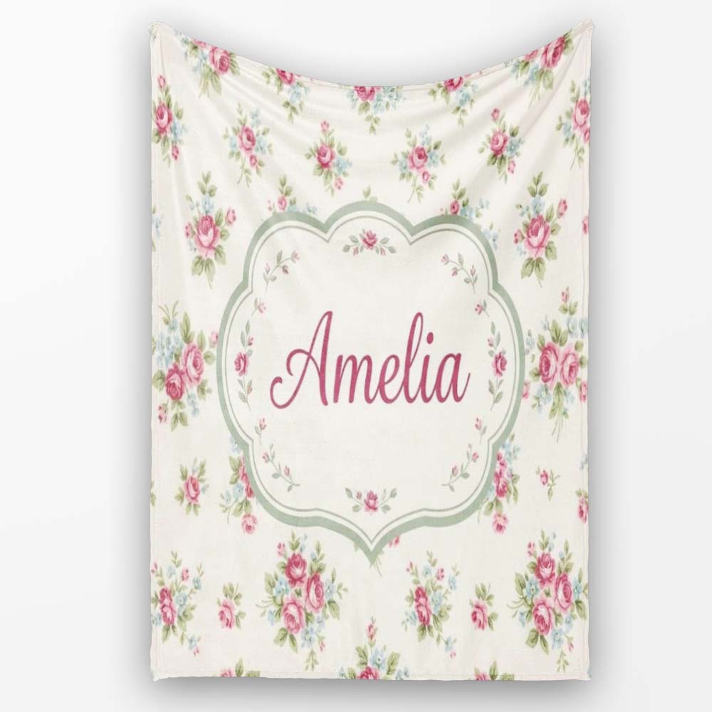 Vintage Pink and Blue Rose Bouquet Floral Seamless Pattern Name Cute  Personalised Custom Name Super Soft Fleece Blanket Bed Sofa Throw