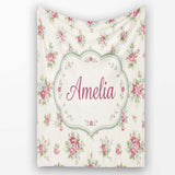 Vintage Pink and Blue Rose Bouquet Floral Seamless Pattern Name Cute  Personalised Custom Name Super Soft Fleece Blanket Bed Sofa Throw