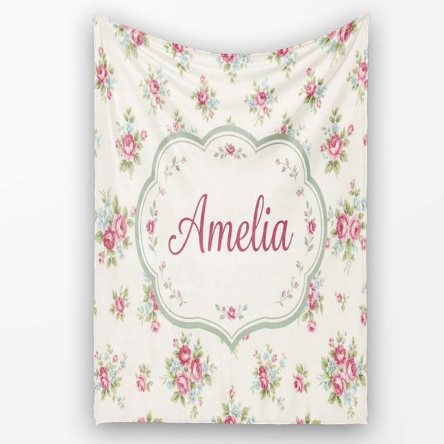 Vintage Pink and Blue Rose Bouquet Floral Seamless Pattern Name Cute  Personalised Custom Name Super Soft Fleece Blanket Bed Sofa Throw