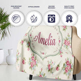 Vintage Pink and Blue Rose Bouquet Floral Seamless Pattern Name Cute  Personalised Custom Name Super Soft Fleece Blanket Bed Sofa Throw