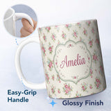 Personalized Custom Name Vintage Pink and Blue Rose Bouquet Floral Seamless Pattern Name Cute 11oz Ceramic Coffee Tea Mug White Large Handle