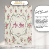 Vintage Pink and Blue Rose Bouquet Floral Seamless Pattern Name Cute  Personalised Custom Name Super Soft Fleece Blanket Bed Sofa Throw