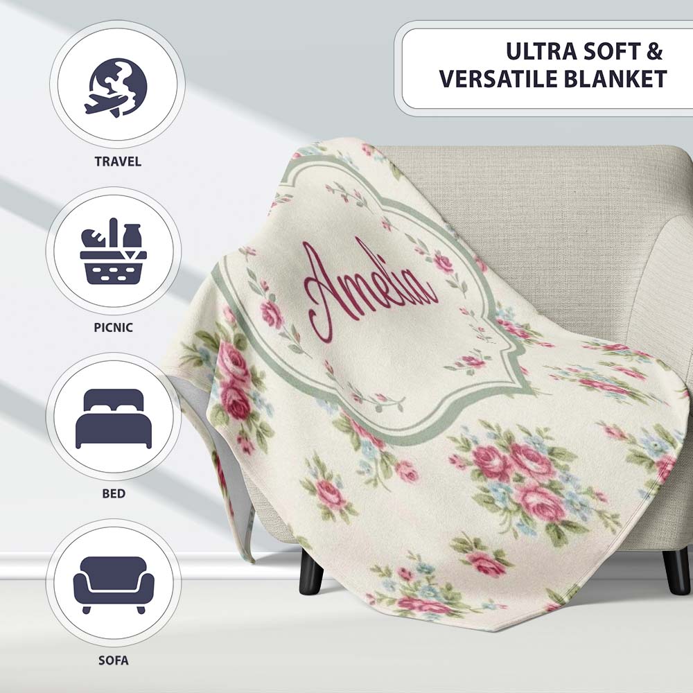 Vintage Pink and Blue Rose Bouquet Floral Seamless Pattern Name Cute  Personalised Custom Name Super Soft Fleece Blanket Bed Sofa Throw