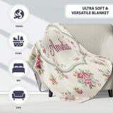 Vintage Pink and Blue Rose Bouquet Floral Seamless Pattern Name Cute  Personalised Custom Name Super Soft Fleece Blanket Bed Sofa Throw