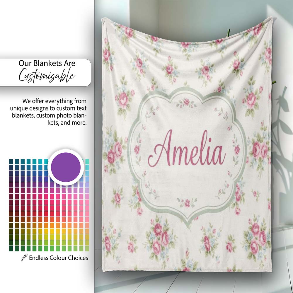 Vintage Pink and Blue Rose Bouquet Floral Seamless Pattern Name Cute  Personalised Custom Name Super Soft Fleece Blanket Bed Sofa Throw