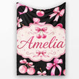 Watercolor Cherry Bow Ribbon Black Background Seamless Pattern  Personalised Custom Name Super Soft Fleece Blanket Bed Sofa Throw