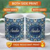 Personalized Custom Name Dark Navy Floral with Beige Blossoms Seamless Pattern Name Cute 11oz Ceramic Coffee Tea Mug White Large Handle