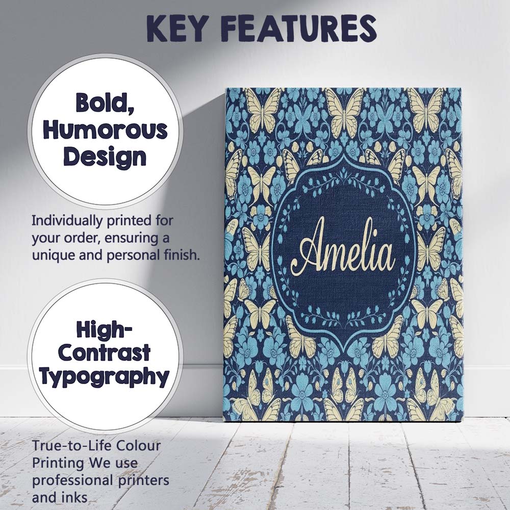 Personalised Name Dark Navy Floral with Custom  Modern Room Accent Elegant Feature Canvas Wall Art Print Decor Picture Ready to Hang