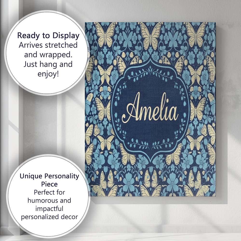 Personalised Name Dark Navy Floral with Custom  Modern Room Accent Elegant Feature Canvas Wall Art Print Decor Picture Ready to Hang