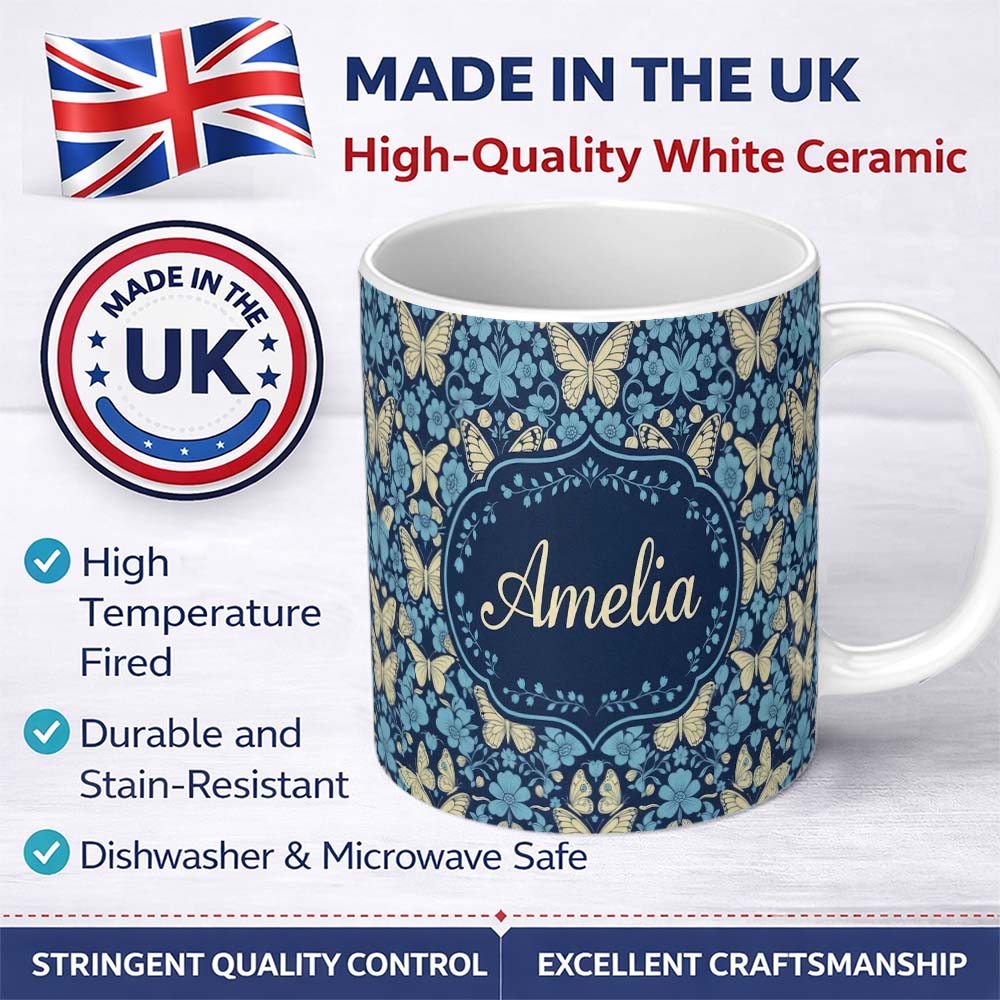 Personalized Custom Name Dark Navy Floral with Beige Blossoms Seamless Pattern Name Cute 11oz Ceramic Coffee Tea Mug White Large Handle