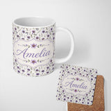 Personalized Custom Name Soft Lilac and Yellow Wildflowers Seamless Pattern Name Cute Unique 11oz Ceramic Coffee Tea Mug White Large Handle