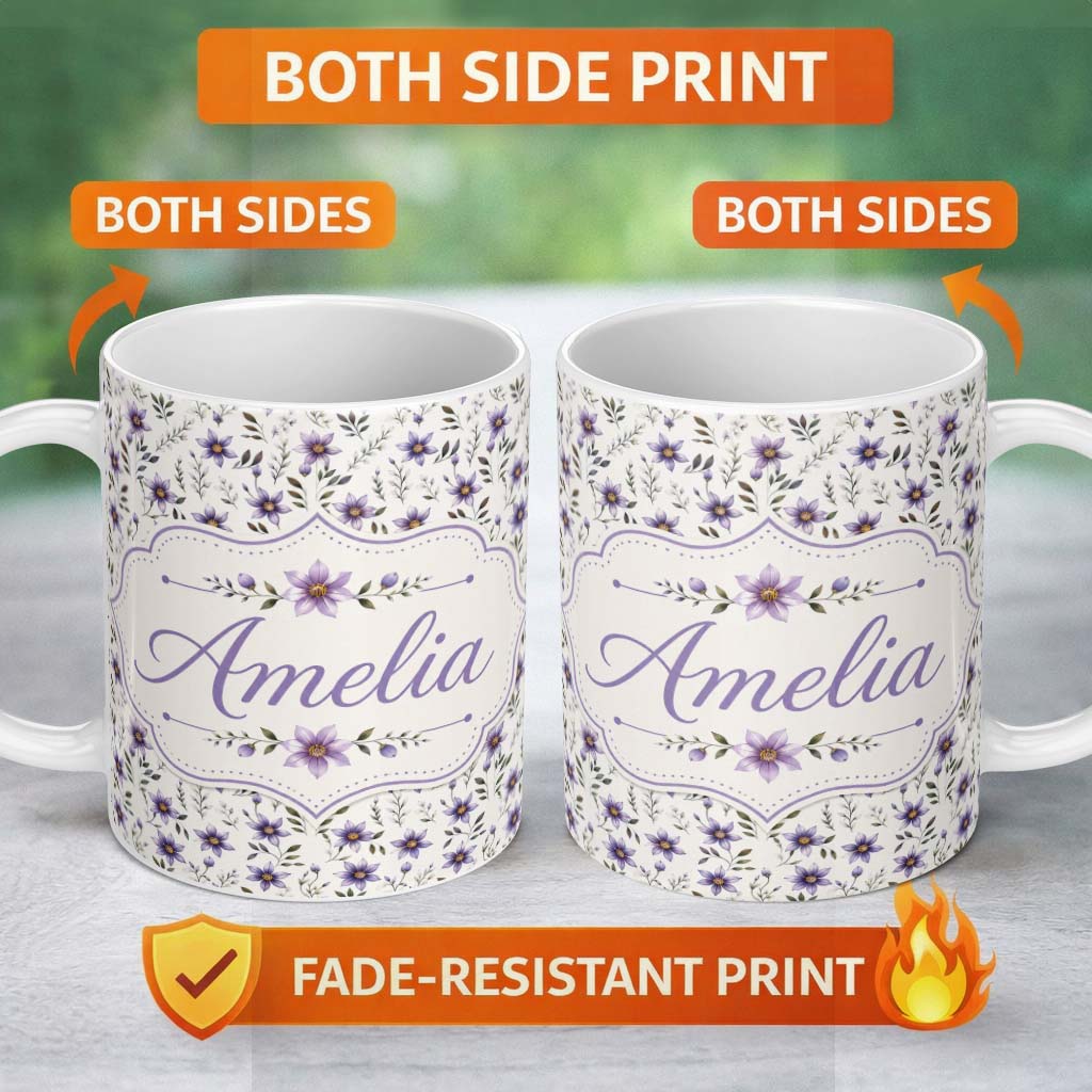 Personalized Custom Name Soft Lilac and Yellow Wildflowers Seamless Pattern Name Cute Unique 11oz Ceramic Coffee Tea Mug White Large Handle