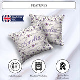 Custom Name Soft Lilac and Yellow Wildflowers Seamless Name Cute Square Filled Cushion Throw Pillow Sofa Bed Home Decor Zip Washable UK Made