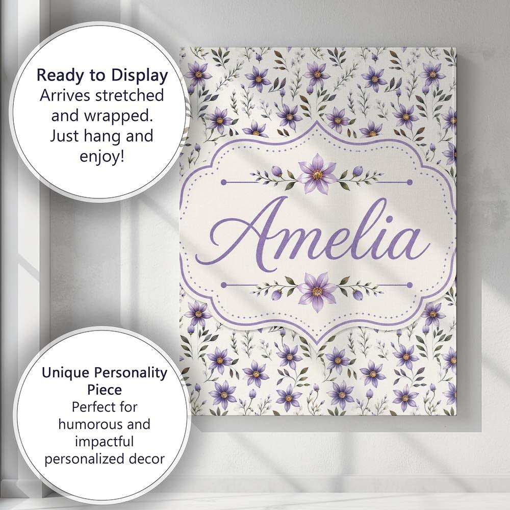 Personalised Name Soft Lilac and Yellow Custom  Modern Room Accent Elegant Feature Canvas Wall Art Print Decor Picture Ready to Hang