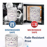 Personalized Custom Name Soft Lilac and Yellow Wildflowers Seamless Pattern Name Cute Unique 11oz Ceramic Coffee Tea Mug White Large Handle