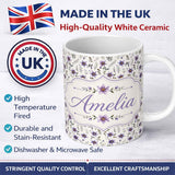 Personalized Custom Name Soft Lilac and Yellow Wildflowers Seamless Pattern Name Cute Unique 11oz Ceramic Coffee Tea Mug White Large Handle