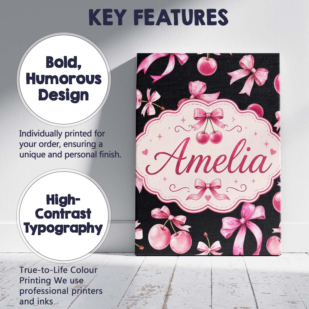 Personalised Name Watercolor Cherry Bow Ribbon Black Background Custom  Statement Canvas Wall Art Print Decor Picture Ready to Hang