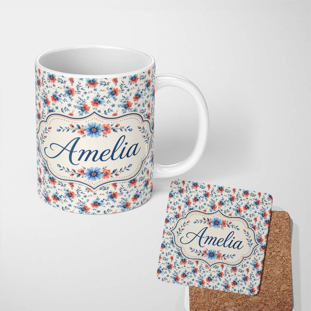 Personalized Custom Name Coral and Blue Floral Scatter Seamless Pattern Name Cute Unique Gift 11oz Ceramic Coffee Tea Mug White Large Handle