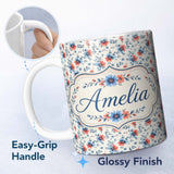 Personalized Custom Name Coral and Blue Floral Scatter Seamless Pattern Name Cute Unique Gift 11oz Ceramic Coffee Tea Mug White Large Handle
