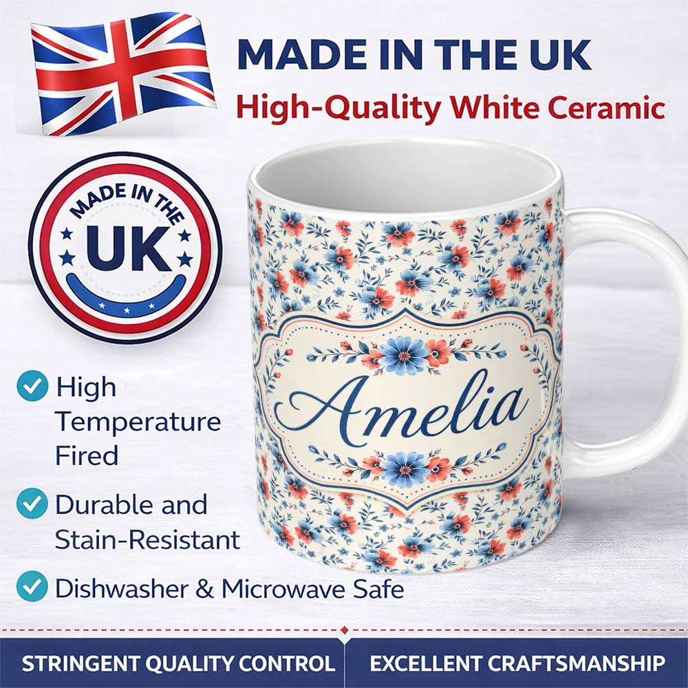 Personalized Custom Name Coral and Blue Floral Scatter Seamless Pattern Name Cute Unique Gift 11oz Ceramic Coffee Tea Mug White Large Handle