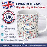 Personalized Custom Name Coral and Blue Floral Scatter Seamless Pattern Name Cute Unique Gift 11oz Ceramic Coffee Tea Mug White Large Handle