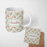 Personalized Custom Name Vintage Pink Roses and Blue Floral Bouquet Seamless Pattern Name 11oz Ceramic Coffee Tea Mug White Large Handle