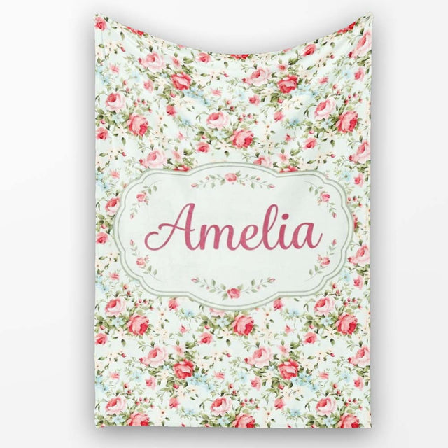 Vintage Pink Roses and Blue Floral Bouquet Seamless Pattern Name  Personalised Custom Name Super Soft Fleece Blanket Bed Sofa Throw