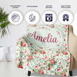 Vintage Pink Roses and Blue Floral Bouquet Seamless Pattern Name  Personalised Custom Name Super Soft Fleece Blanket Bed Sofa Throw