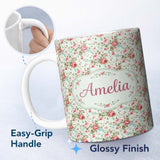 Personalized Custom Name Vintage Pink Roses and Blue Floral Bouquet Seamless Pattern Name 11oz Ceramic Coffee Tea Mug White Large Handle