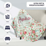 Vintage Pink Roses and Blue Floral Bouquet Seamless Pattern Name  Personalised Custom Name Super Soft Fleece Blanket Bed Sofa Throw