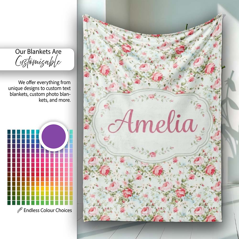 Vintage Pink Roses and Blue Floral Bouquet Seamless Pattern Name  Personalised Custom Name Super Soft Fleece Blanket Bed Sofa Throw