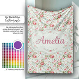 Vintage Pink Roses and Blue Floral Bouquet Seamless Pattern Name  Personalised Custom Name Super Soft Fleece Blanket Bed Sofa Throw