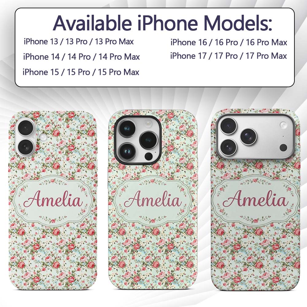 Vintage Pink Roses and Blue Floral Printed Design Custom Name Protective Phone Case Mobile Cover Durable Everyday Smartphone Shock Resistant
