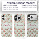 Vintage Pink Roses and Blue Floral Printed Design Custom Name Protective Phone Case Mobile Cover Durable Everyday Smartphone Shock Resistant