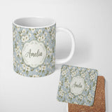 Personalized Custom Name Delicate White Blossom Flowers on Soft Blue Seamless Pattern Name 11oz Ceramic Coffee Tea Mug White Large Handle