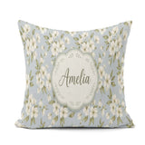 Custom Name Delicate White Blossom Flowers on Soft Blue Seamless Square Filled Cushion Throw Pillow Sofa Bed Home Decor Zip Washable UK Made