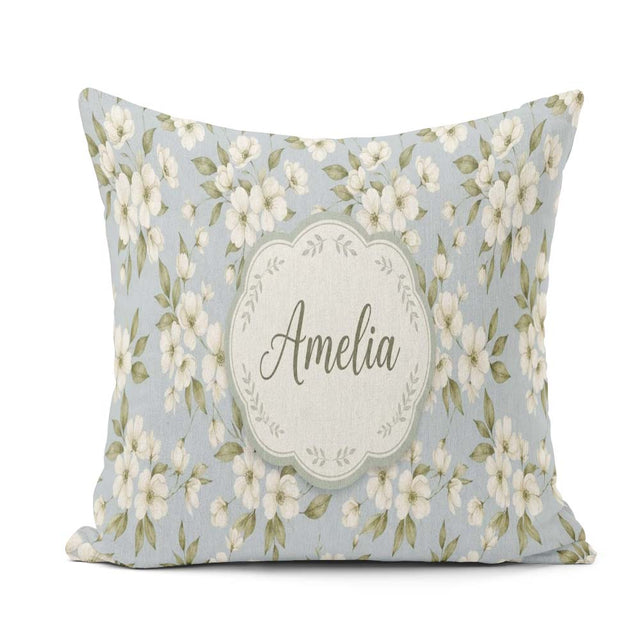 Custom Name Delicate White Blossom Flowers on Soft Blue Seamless Square Filled Cushion Throw Pillow Sofa Bed Home Decor Zip Washable UK Made