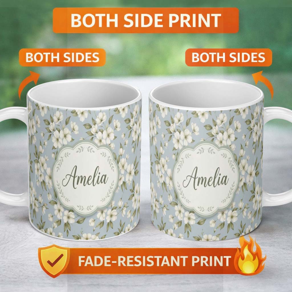 Personalized Custom Name Delicate White Blossom Flowers on Soft Blue Seamless Pattern Name 11oz Ceramic Coffee Tea Mug White Large Handle