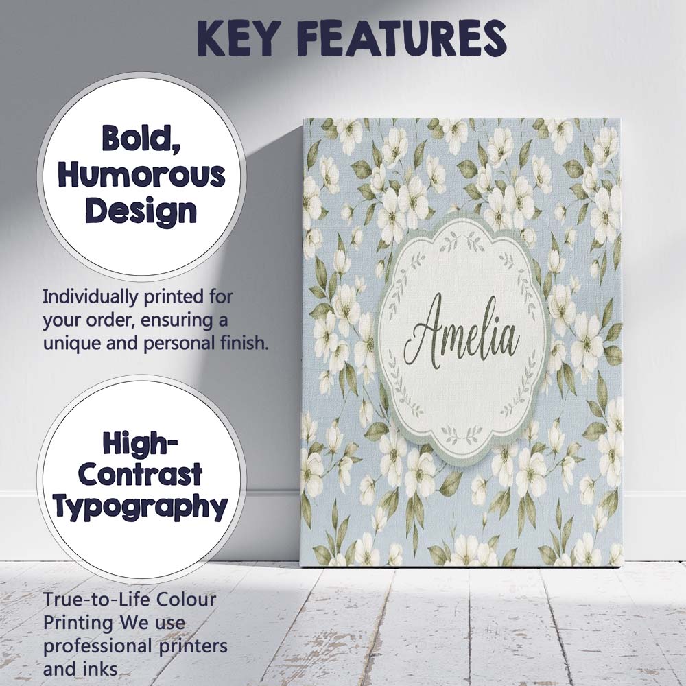 Personalised Name Delicate White Blossom Custom  Unique Gift Idea Elegant Feature Canvas Wall Art Print Decor Picture Ready to Hang