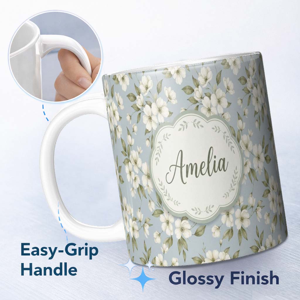 Personalized Custom Name Delicate White Blossom Flowers on Soft Blue Seamless Pattern Name 11oz Ceramic Coffee Tea Mug White Large Handle