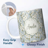 Personalized Custom Name Delicate White Blossom Flowers on Soft Blue Seamless Pattern Name 11oz Ceramic Coffee Tea Mug White Large Handle